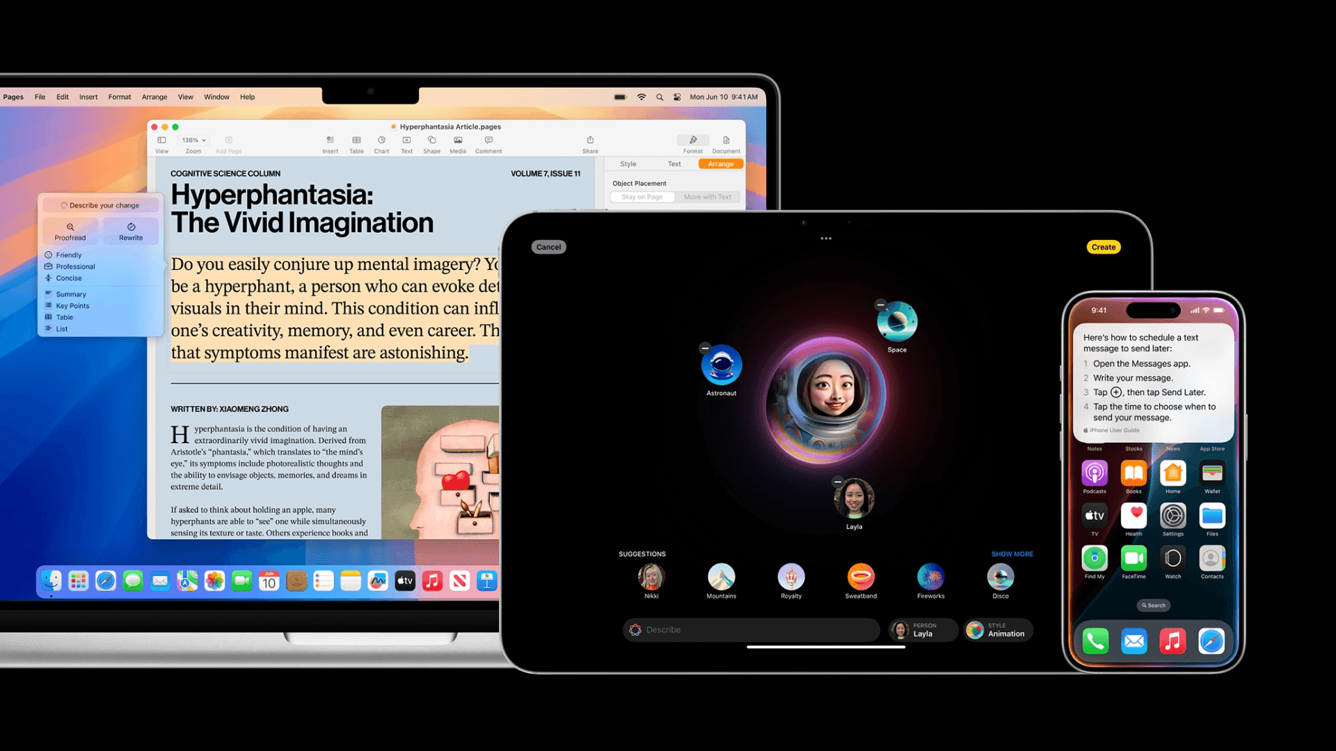 Интерфейс Apple Intelligence на устройствах MacBook, iPad и iPhone