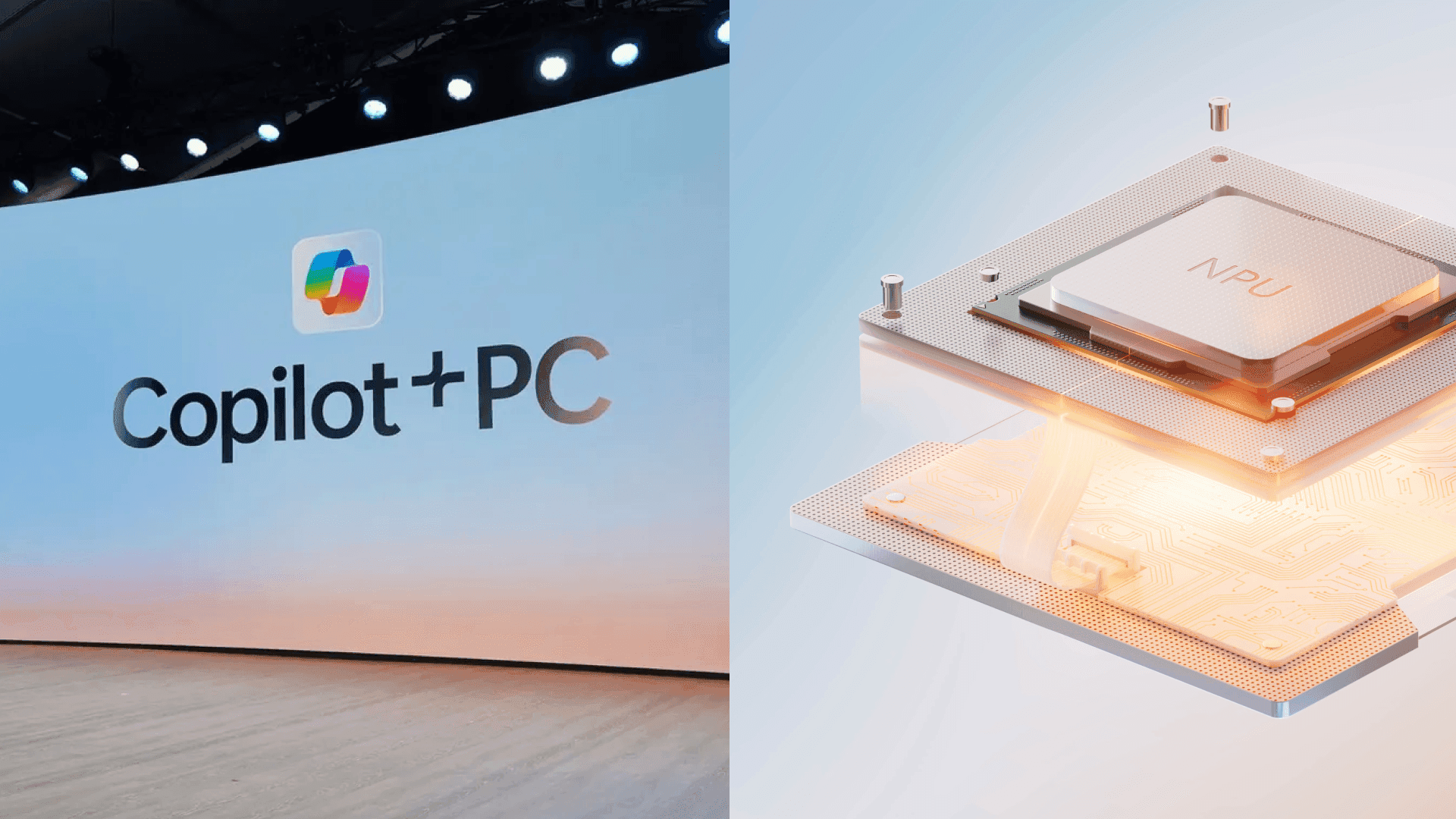 Логотип Copilot+ PC на презентации Microsoft и визуализация нейропроцессора NPU